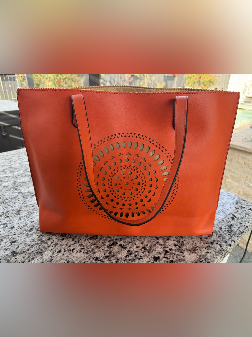Neiman Marcus Orange Tote Bag Cutout Circle Medallion Open Top Lined